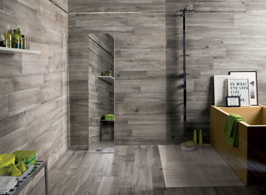 Dark Grey Wooden Floor And Wall Tiled Room With Green Accents Dark Grey Wooden Floor And Wall Tiled